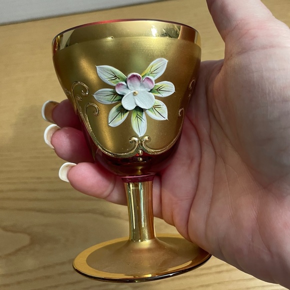 Bohemian Czech Ruby Red Gold Gilt Crystal Decanter & 4 Glasses Enamel Flowers - Picture 10 of 15